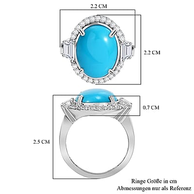 Sleeping Beauty Turquoise and White Zircon 8.98 ctw Ring in Rhodium Over Sterling Silver (Size 9.0)