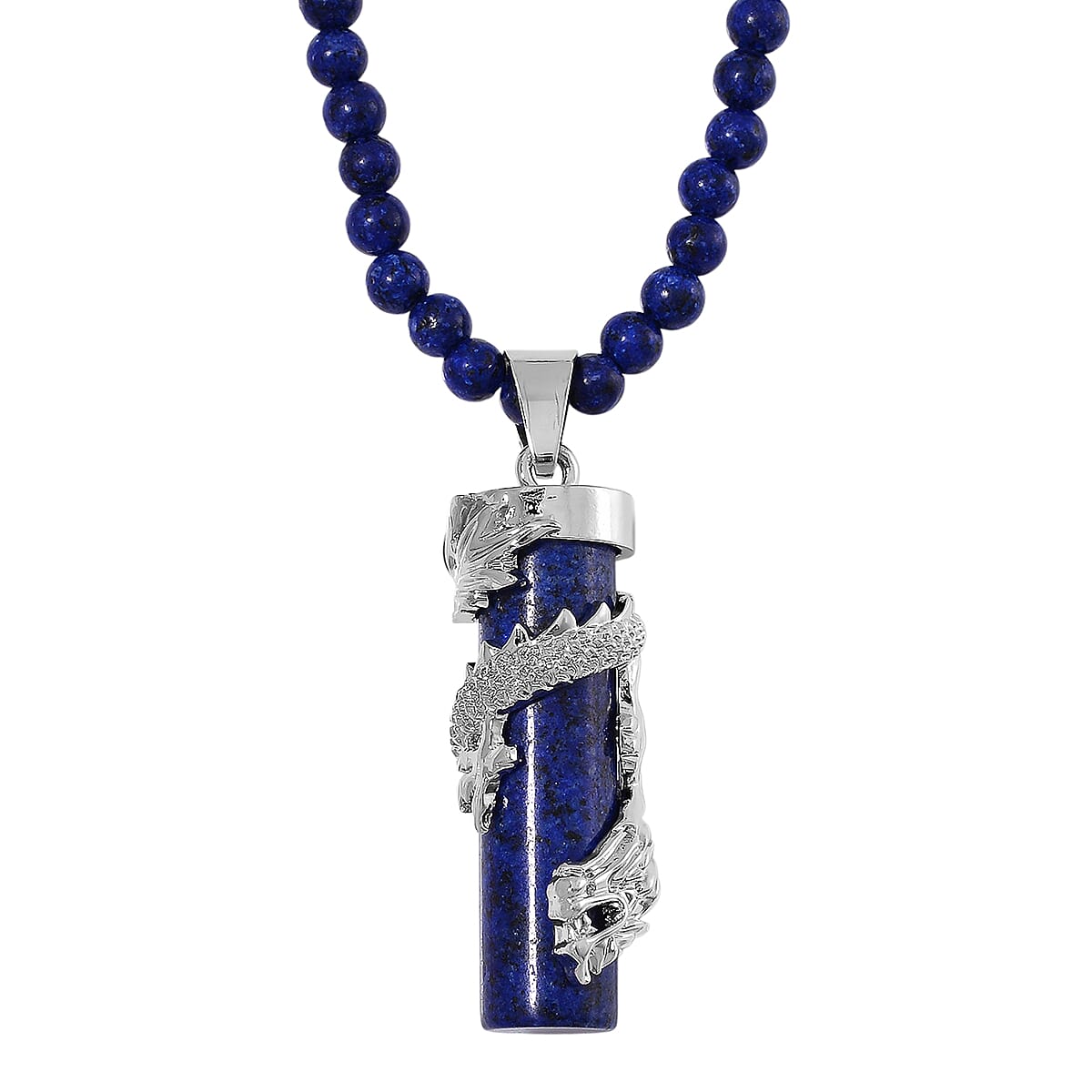 Lapis Lazuli 100.00 ctw Dragon Pendant with Beaded Necklace in Silvertone 20-22 Inches image number 0