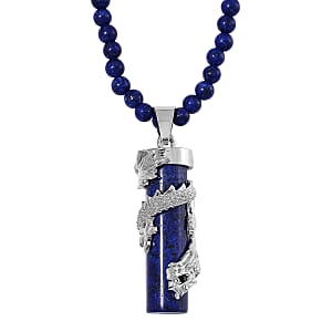 Lapis Lazuli 100.00 ctw Dragon Pendant with Beaded Necklace in Silvertone 20-22 Inches