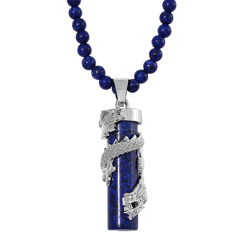 Lapis Lazuli 100.00 ctw Dragon Pendant with Beaded Necklace in Silvertone 20-22 Inches