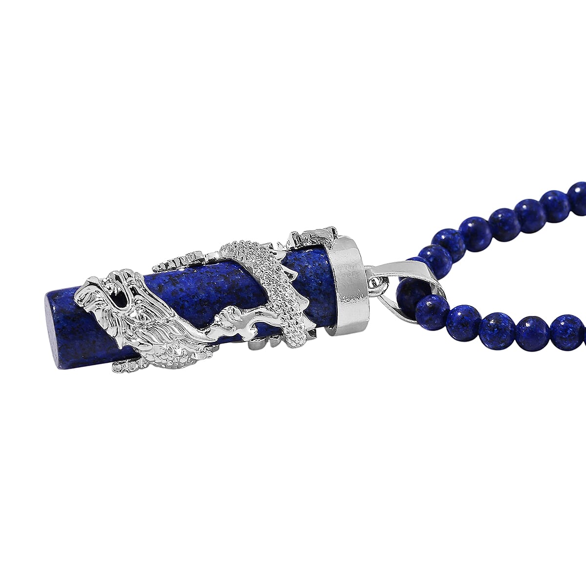 Lapis Lazuli 100.00 ctw Dragon Pendant with Beaded Necklace in Silvertone 20-22 Inches image number 2