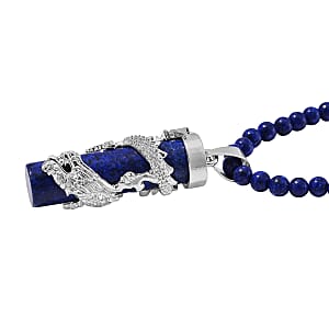 Lapis Lazuli 100.00 ctw Dragon Pendant with Beaded Necklace in Silvertone 20-22 Inches