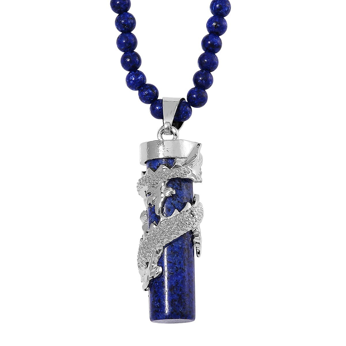 Lapis Lazuli 100.00 ctw Dragon Pendant with Beaded Necklace in Silvertone 20-22 Inches image number 3