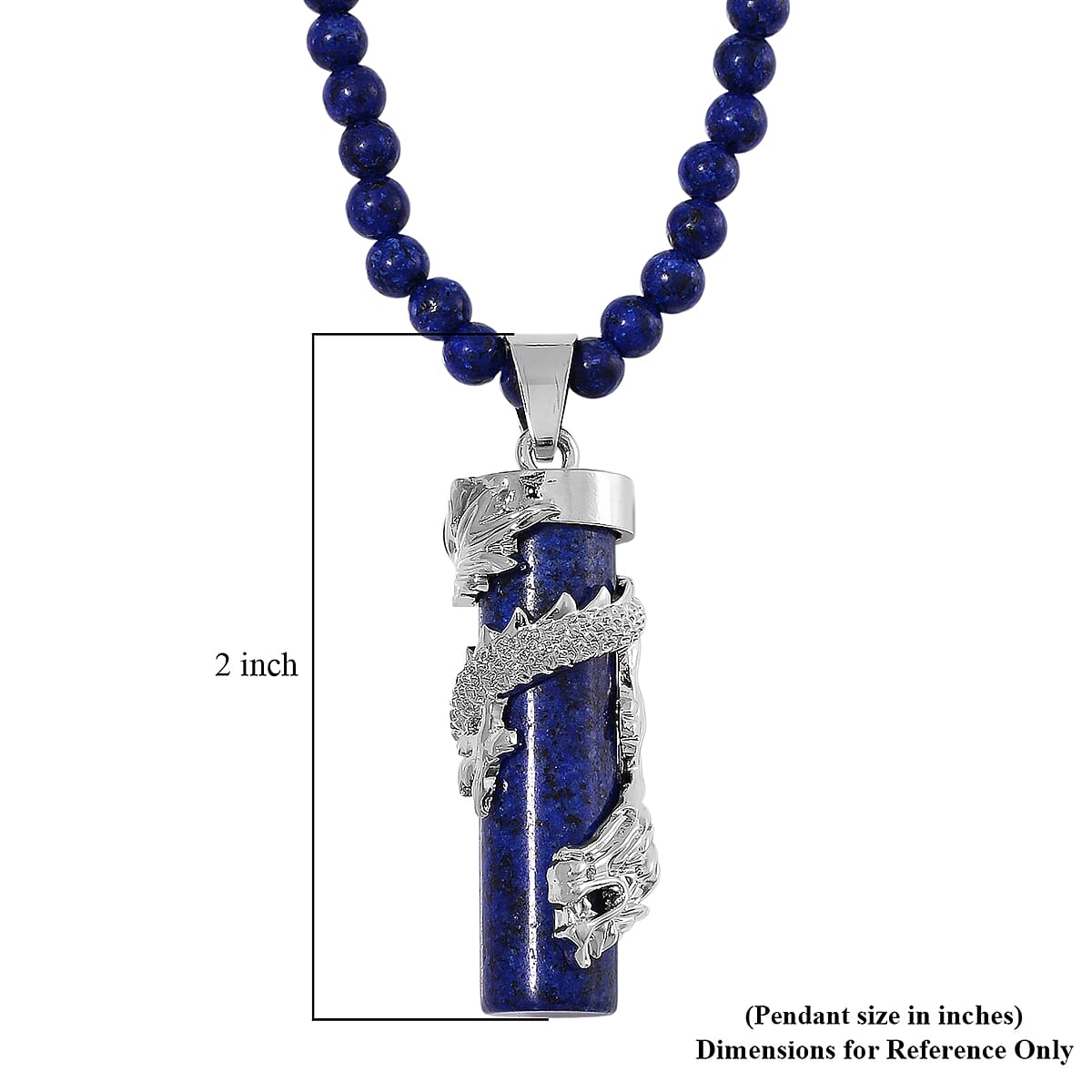 Lapis Lazuli 100.00 ctw Dragon Pendant with Beaded Necklace in Silvertone 20-22 Inches image number 5