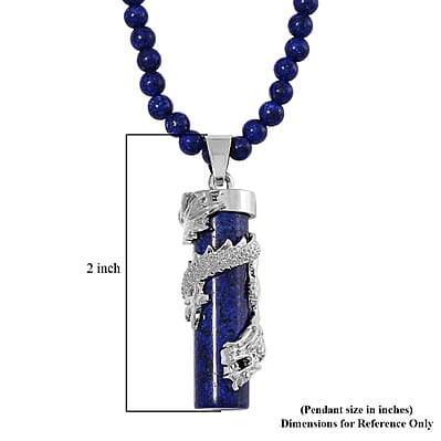 Lapis Lazuli 100.00 ctw Dragon Pendant with Beaded Necklace in Silvertone 20-22 Inches