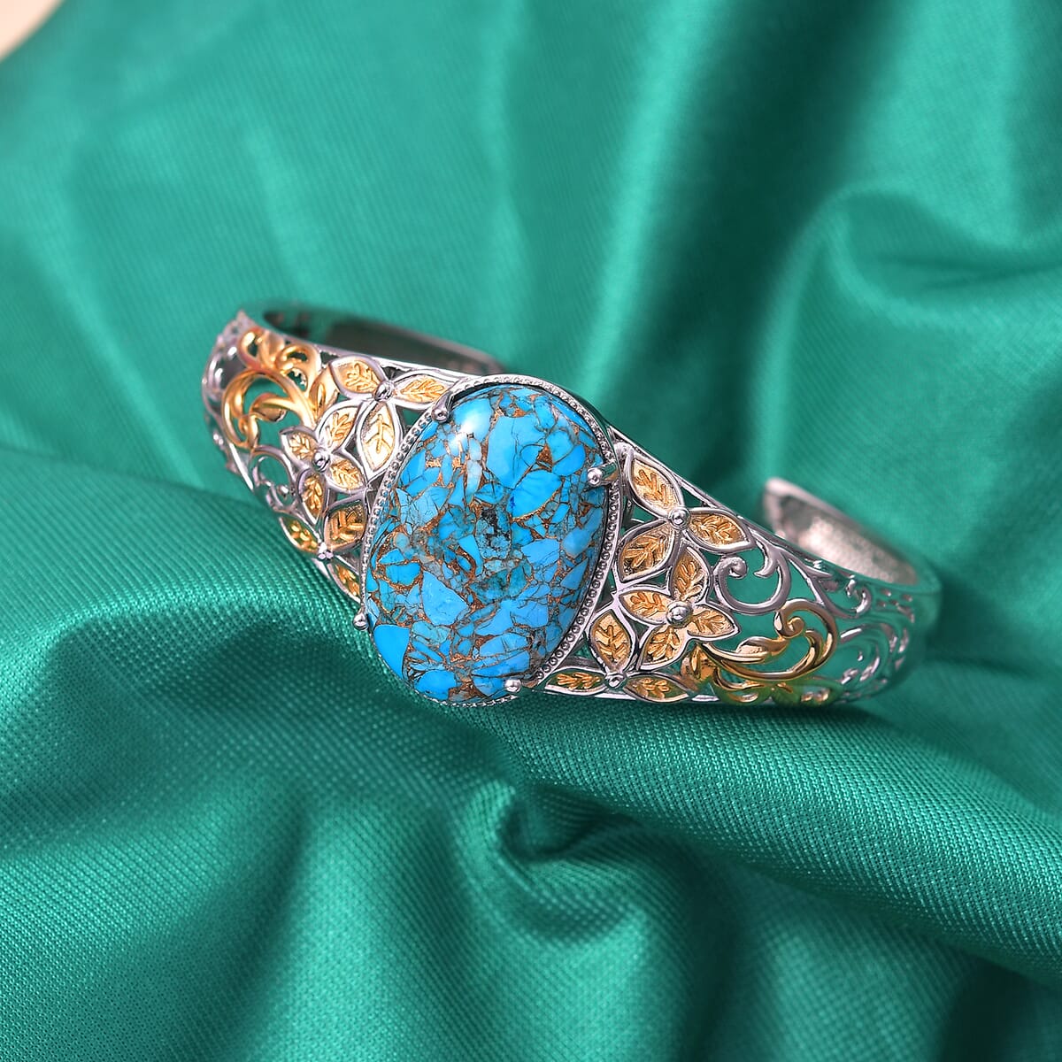 Chestnut Brine Turquoise 34.90 ctw Cuff Bracelet in 14K YG and Platinum Over Copper with Magnet (7.25 In) image number 1