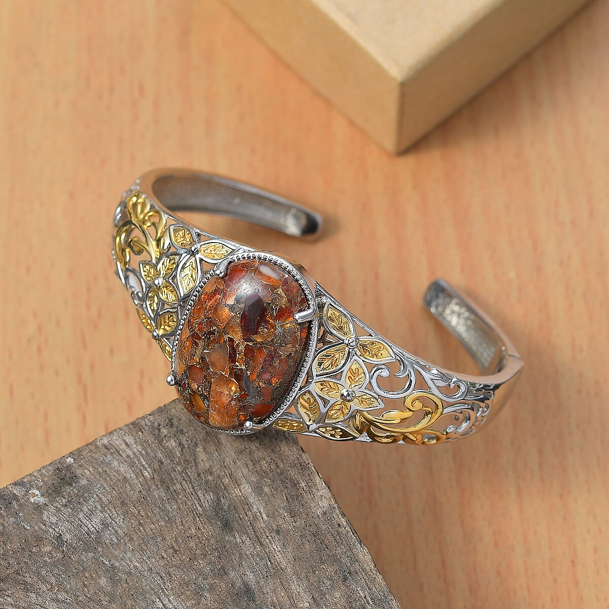 Matrix Fire Opal 26.70 ctw Cuff Bangle Bracelet in 14K YG and Platinum Over Copper (7.25 In) image number 1