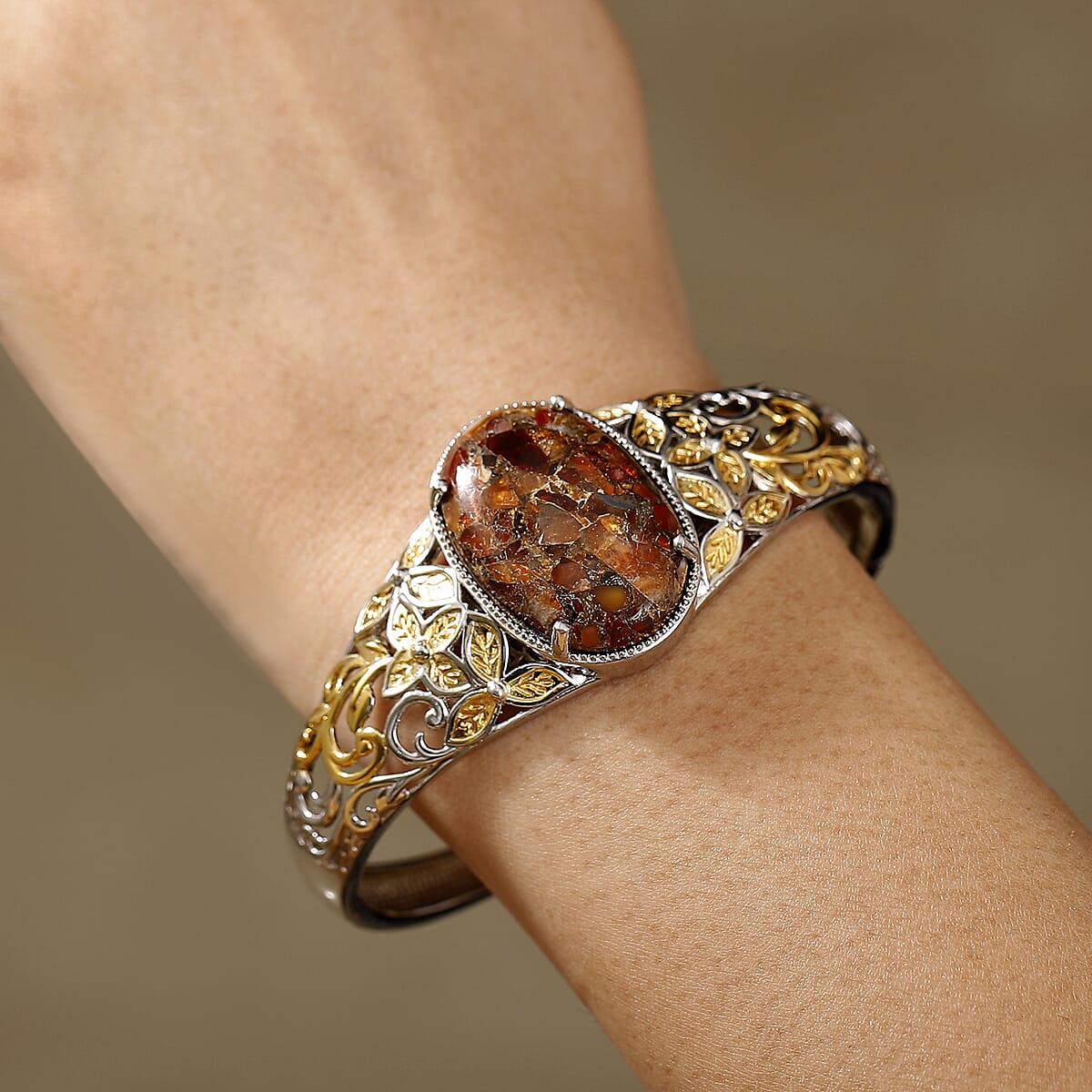 Matrix Fire Opal 26.70 ctw Cuff Bangle Bracelet in 14K YG and Platinum Over Copper (7.25 In) image number 2