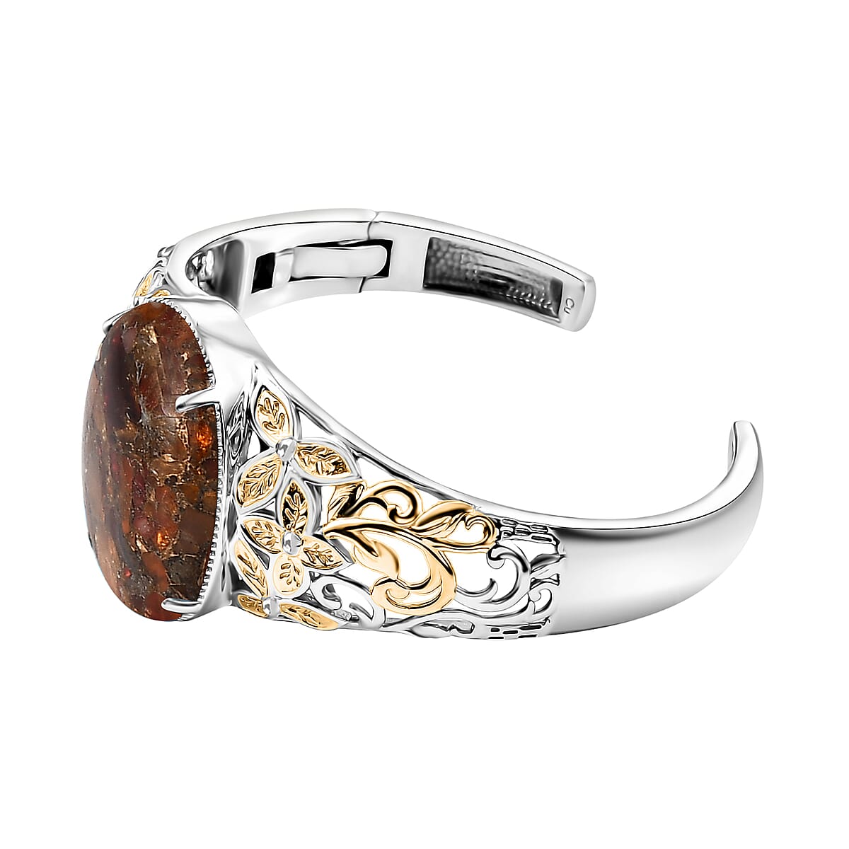 Matrix Fire Opal 26.70 ctw Cuff Bangle Bracelet in 14K YG and Platinum Over Copper (7.25 In) image number 3