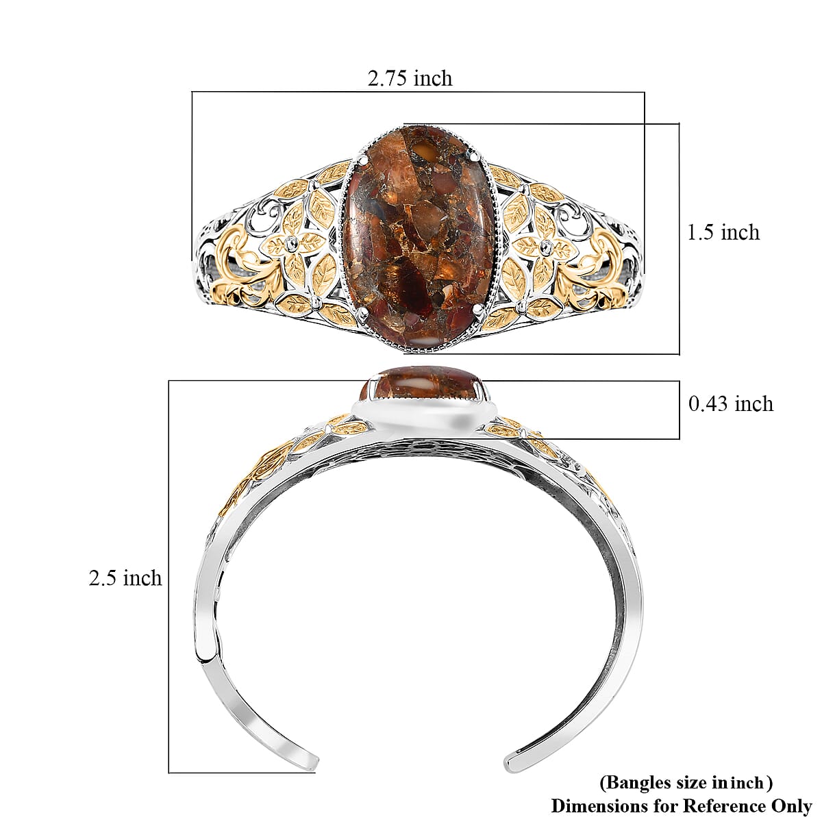 Matrix Fire Opal 26.70 ctw Cuff Bangle Bracelet in 14K YG and Platinum Over Copper (7.25 In) image number 5