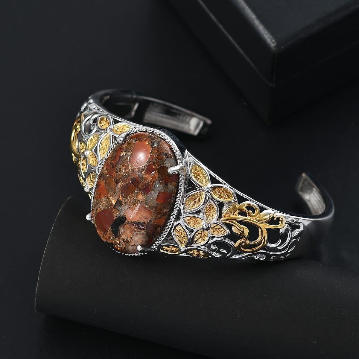 Matrix Fire Opal 26.70 ctw Cuff Bracelet in 14K YG and Platinum Over Copper with Magnet (8.0 In) image number 1