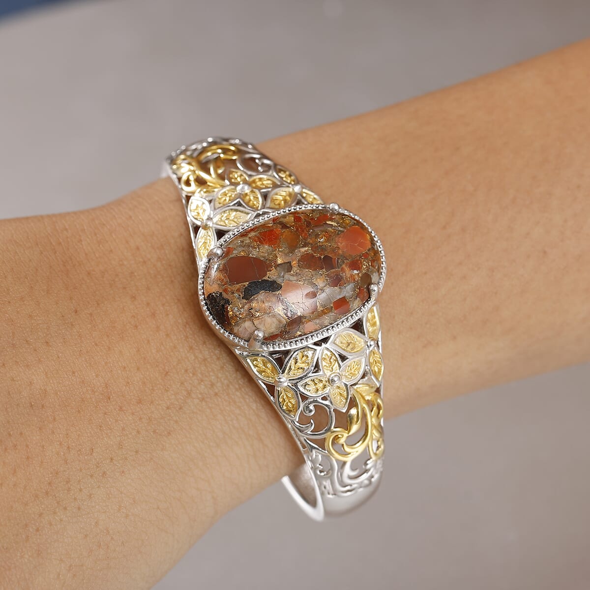 Matrix Fire Opal 26.70 ctw Cuff Bracelet in 14K YG and Platinum Over Copper with Magnet (8.0 In) image number 2