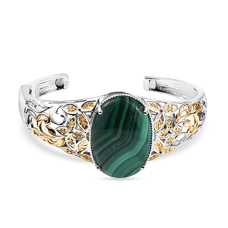 African Malachite 38.25 ctw Cuff Bracelet in 14K YG and Platinum Over Copper with Magnet (8.0 In)
