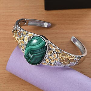 African Malachite 38.25 ctw Cuff Bracelet in 14K YG and Platinum Over Copper with Magnet (8.0 In)