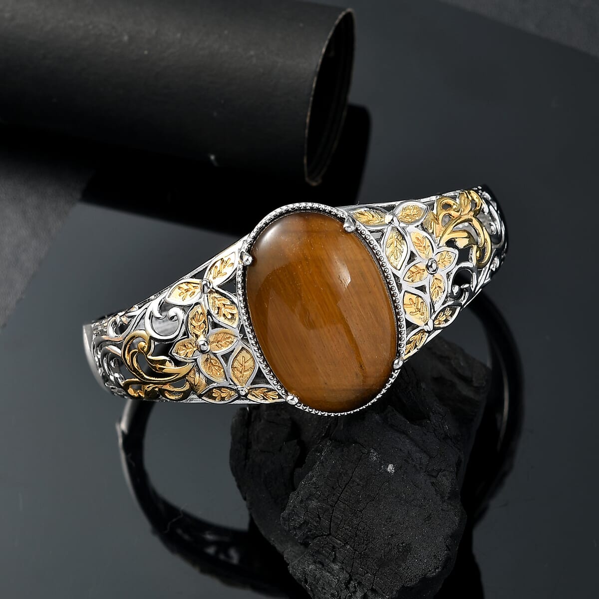 Tigers Eye 33.15 ctw Cuff Bracelet in 14K YG and Platinum Over Copper with Magnet (6.50 In) image number 1