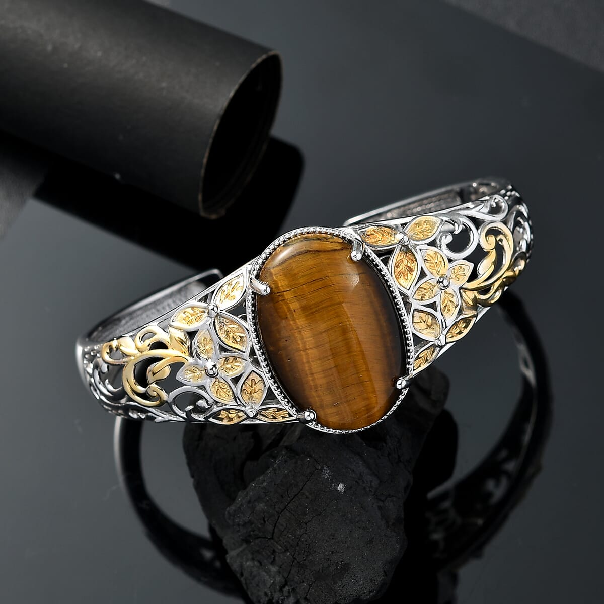 Tigers Eye 33.15 ctw Cuff Bracelet in 14K YG and Platinum Over Copper with Magnet (7.25 In) image number 1