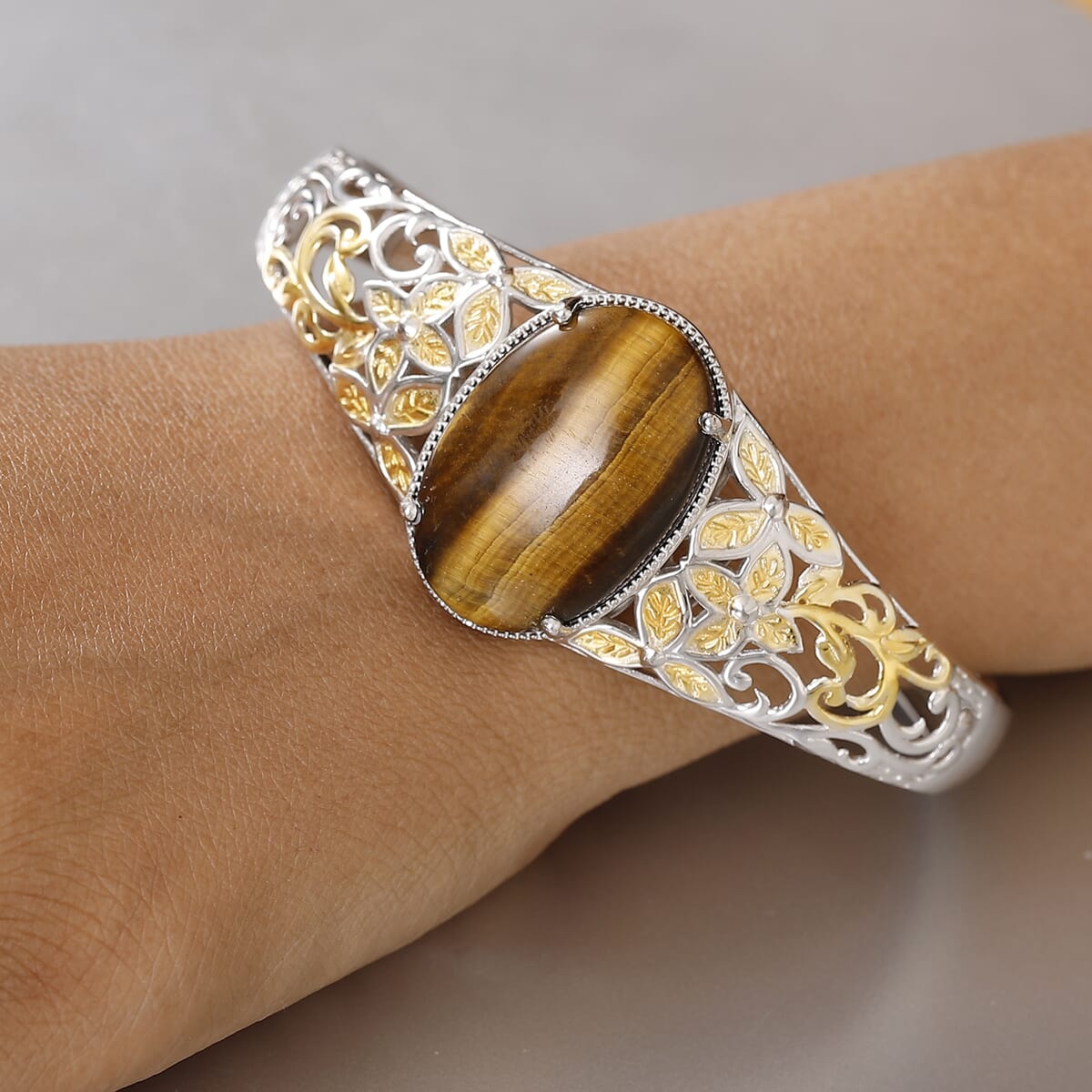 Tigers Eye 33.15 ctw Cuff Bracelet in 14K YG and Platinum Over Copper with Magnet (7.25 In) image number 2