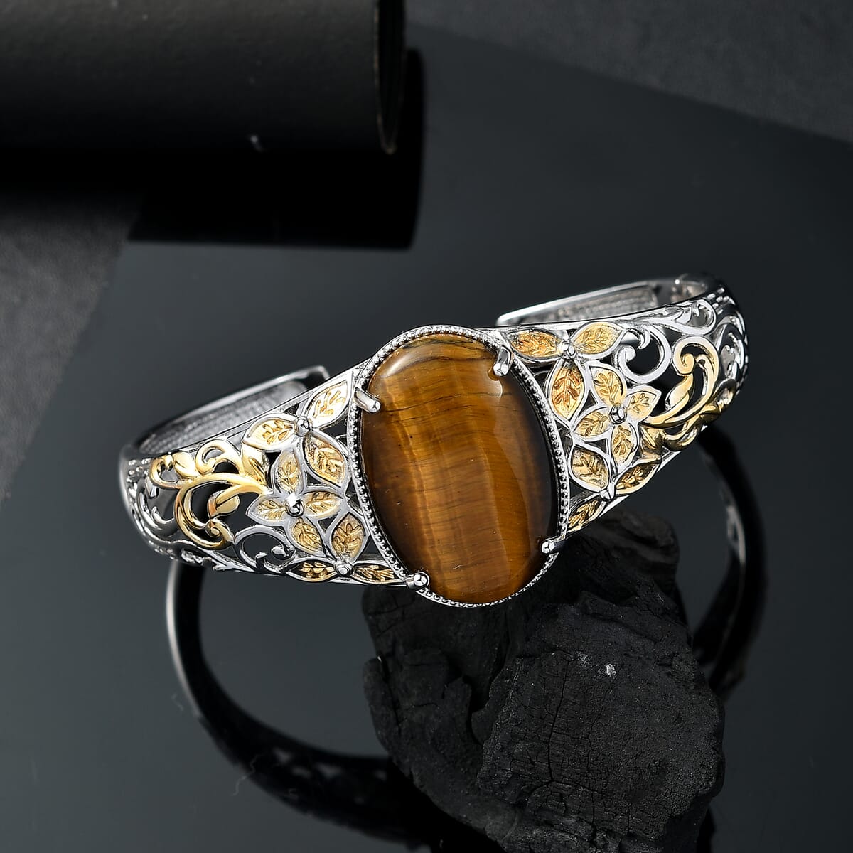 Tigers Eye 33.15 ctw Cuff Bracelet in 14K YG and Platinum Over Copper with Magnet (8.0 In) image number 1