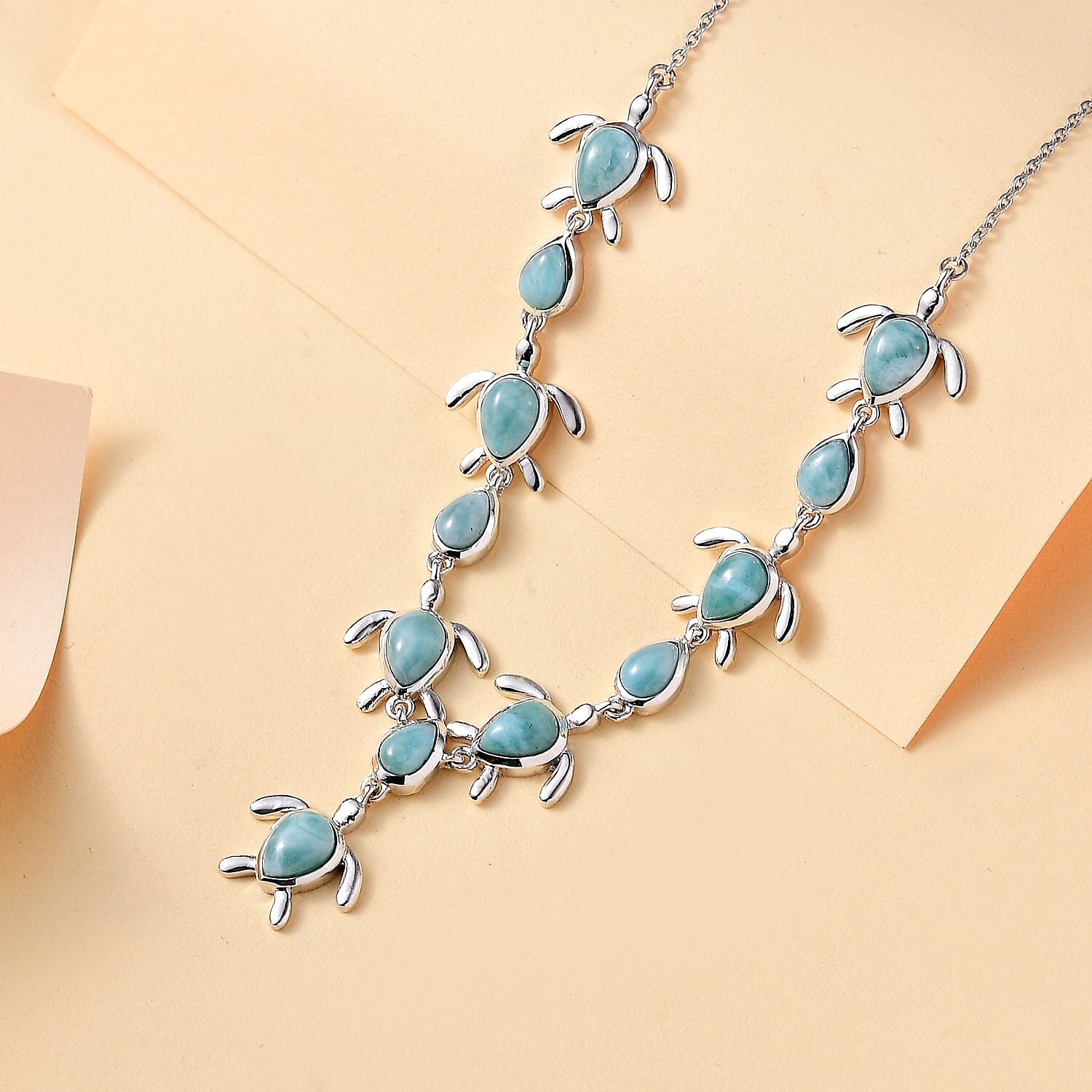 D'Joy Natural Green Larimar 8.80 ctw Turtle Necklace in Rhodium Over Sterling Silver 18 Inches