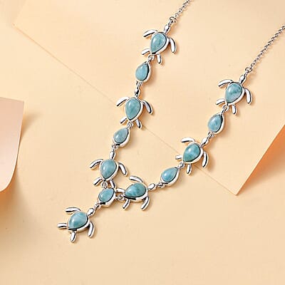 D'Joy Natural Green Larimar 8.80 ctw Turtle Necklace in Rhodium Over Sterling Silver 18 Inches
