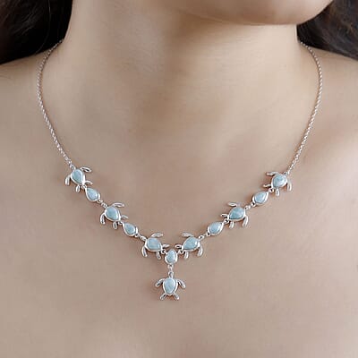 D'Joy Natural Green Larimar 8.80 ctw Turtle Necklace in Rhodium Over Sterling Silver 18 Inches