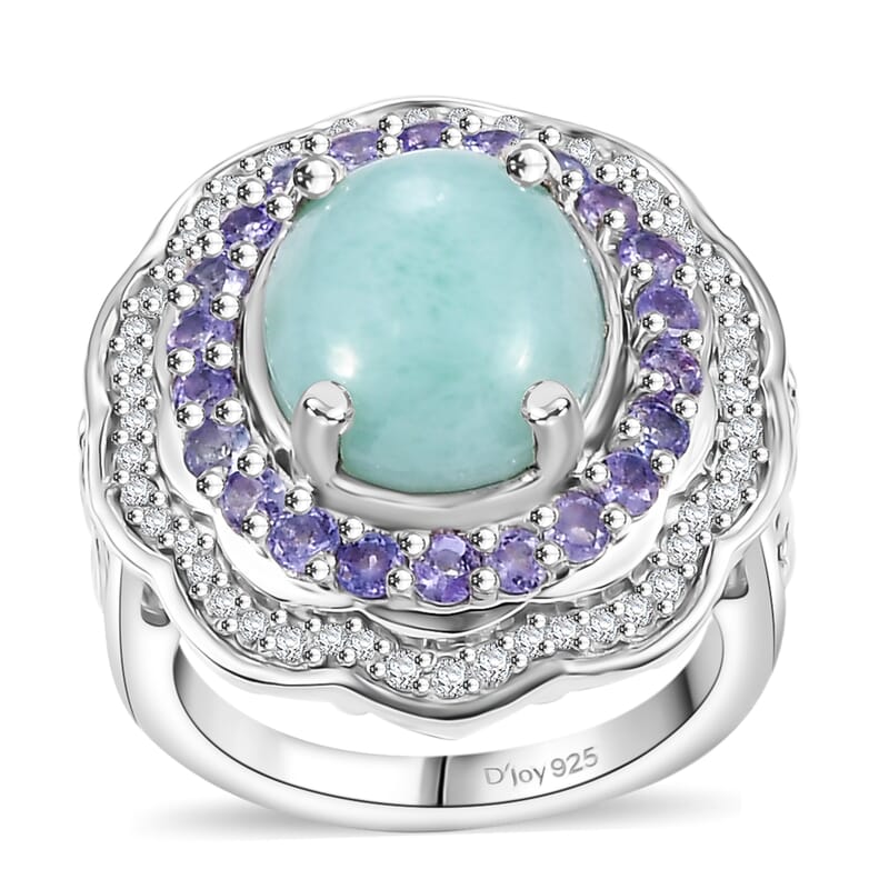 D'Joy Natural Green Larimar and Multi Gemstone 7.10 ctw Ocean Bloom Ring in Rhodium Over Sterling Silver (Size 10.0)
