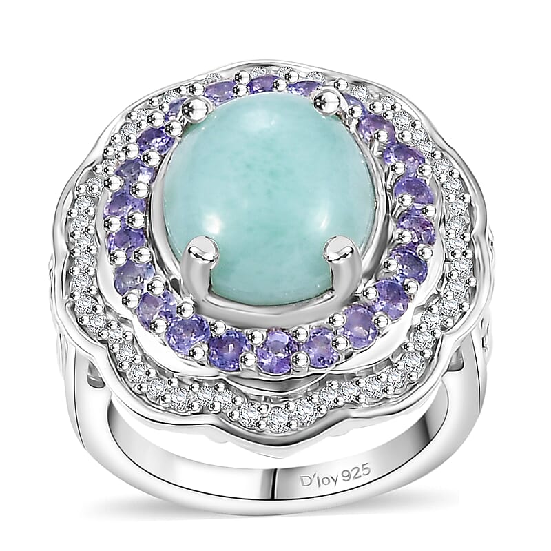 D'Joy Natural Green Larimar and Multi Gemstone 7.10 ctw Ocean Bloom Ring in Rhodium Over Sterling Silver (Size 10.0)