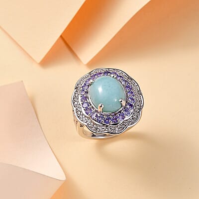 D'Joy Natural Green Larimar and Multi Gemstone 7.10 ctw Ocean Bloom Ring in Rhodium Over Sterling Silver (Size 10.0)