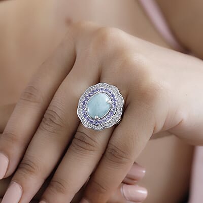 D'Joy Natural Green Larimar and Multi Gemstone 7.10 ctw Ocean Bloom Ring in Rhodium Over Sterling Silver (Size 10.0)