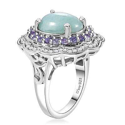 D'Joy Natural Green Larimar and Multi Gemstone 7.10 ctw Ocean Bloom Ring in Rhodium Over Sterling Silver (Size 10.0)
