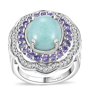 D'Joy Natural Green Larimar and Multi Gemstone 7.10 ctw Ocean Bloom Ring in Rhodium Over Sterling Silver (Size 8.0)