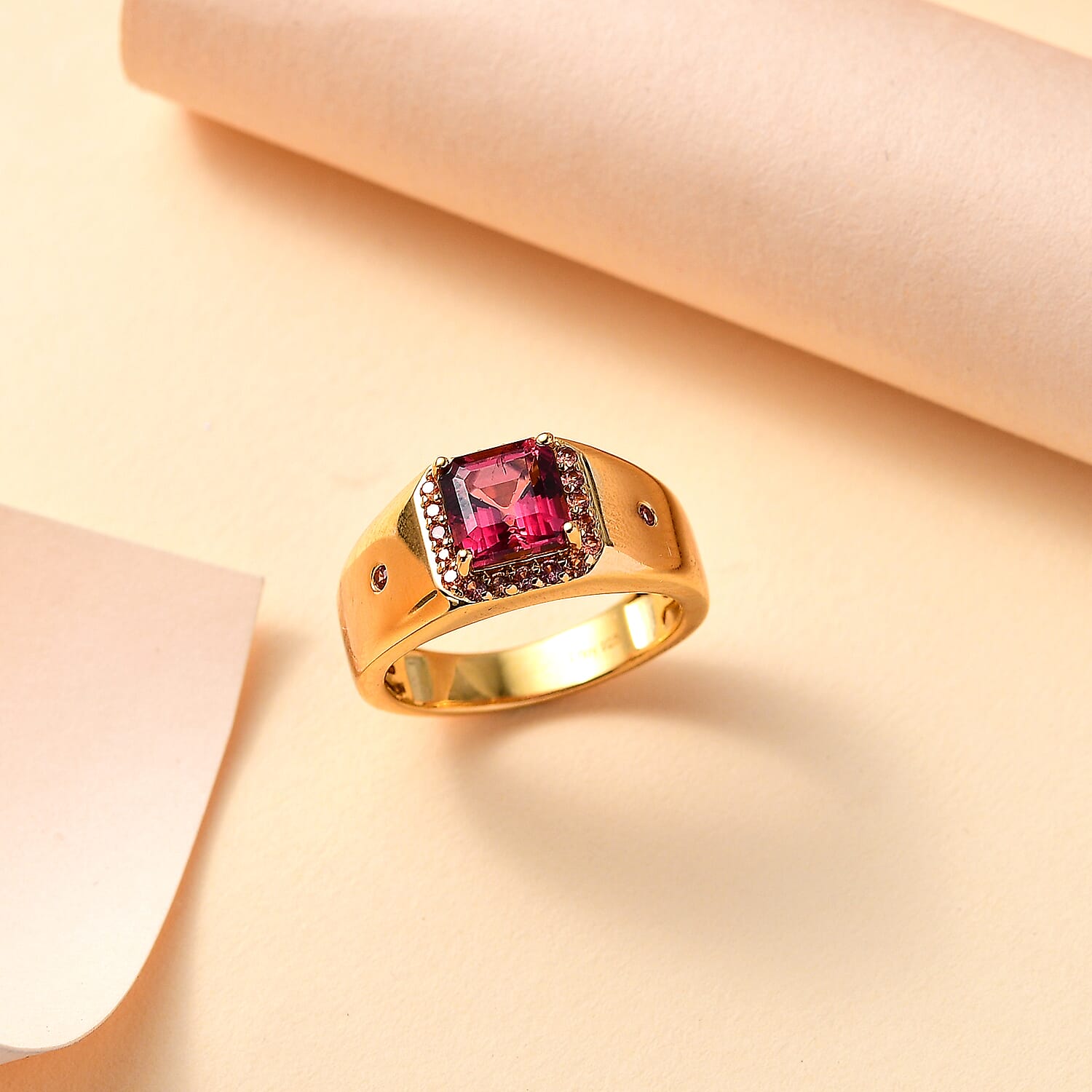 AAA Ouro Fino Rubellite and Padparadscha Sapphire (BT) 2.30 ctw Men's Ring in 18K Vermeil Yellow Gold Over Sterling Silver (Size 10.0)