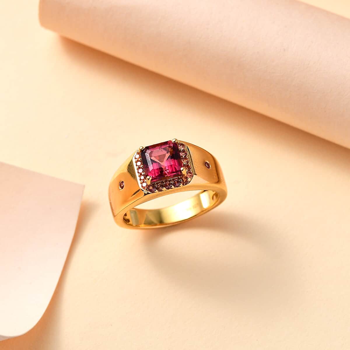 AAA Ouro Fino Rubellite and Padparadscha Sapphire (BT) 2.30 ctw Men's Ring in 18K Vermeil Yellow Gold Over Sterling Silver (Size 10.0) image number 1