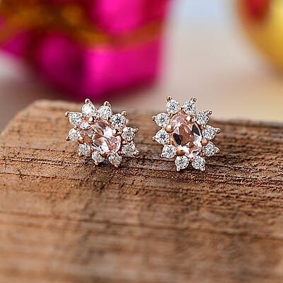 D'Joy Pink Morganite and Moissanite 0.75 ctw Sunburst Earrings in 18K Vermeil RG Over Sterling Silver
