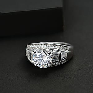 D'Joy Moissanite 3.10 ctw Art Deco Ring in Rhodium Over Sterling Silver (Size 10.0)