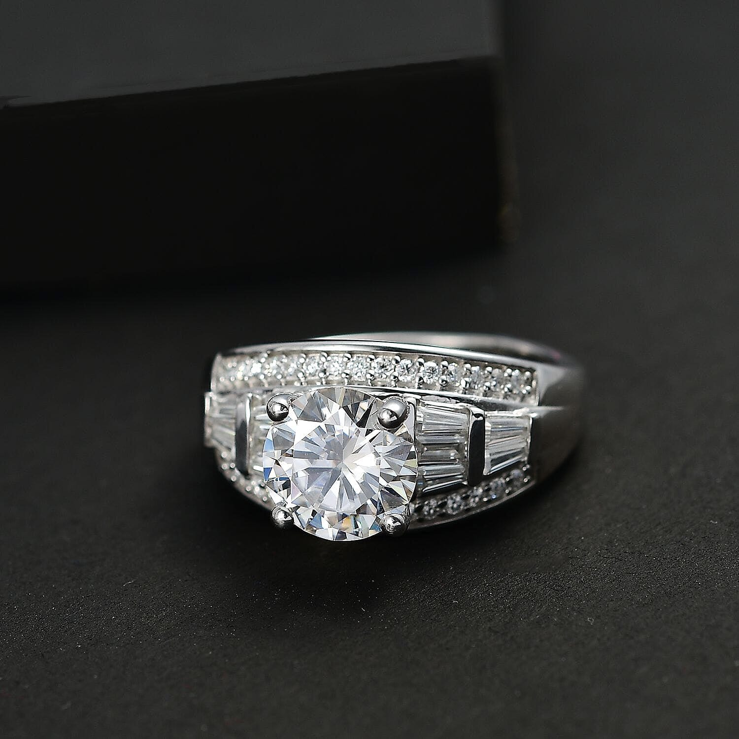 Moissanite (Rnd8mm) Ring in Rhodium Over Sterling Silver (Size 11.0) 3.10 ctw (Del. in 10-12 Days)