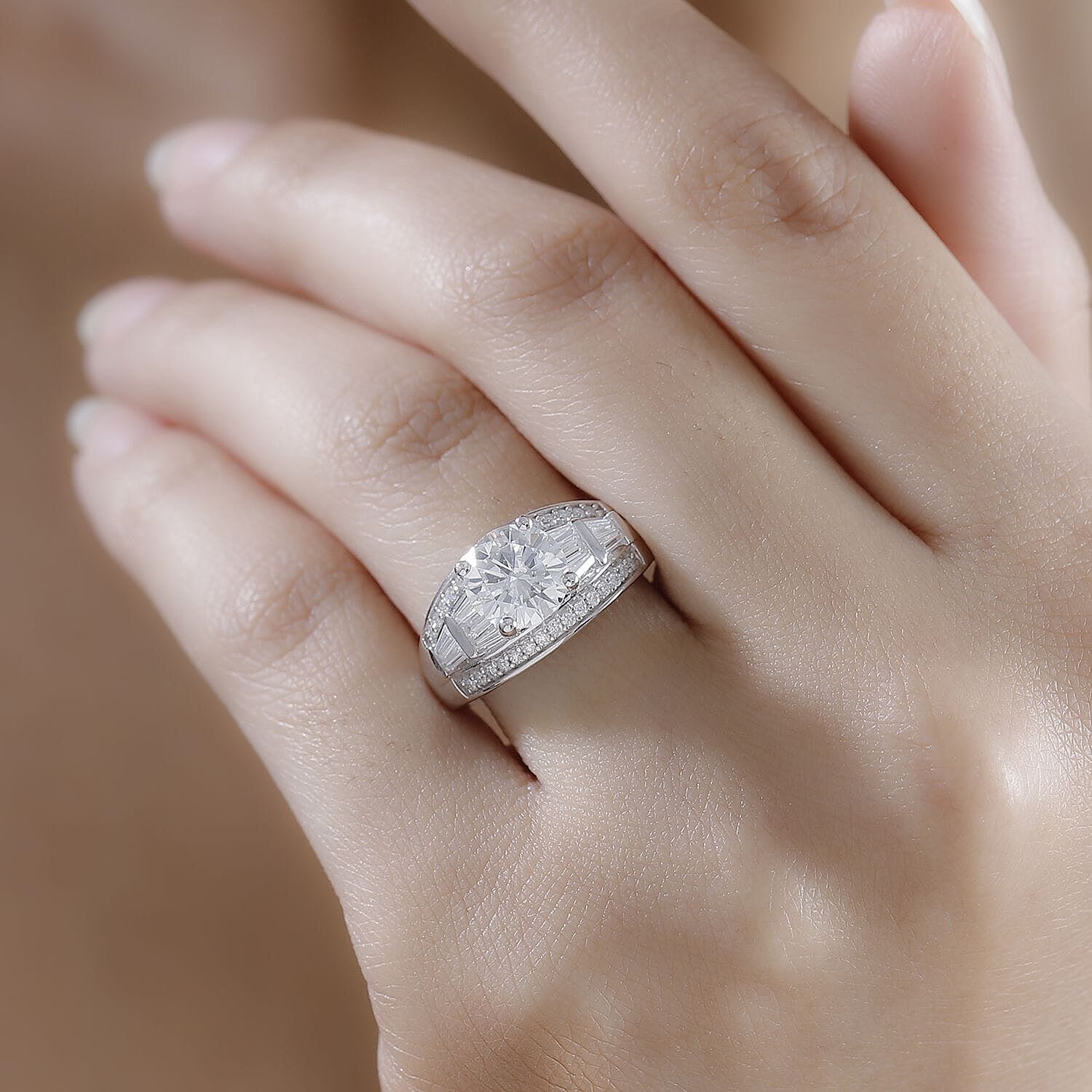 Moissanite (Rnd8mm) Ring in Rhodium Over Sterling Silver (Size 11.0) 3.10 ctw (Del. in 10-12 Days)
