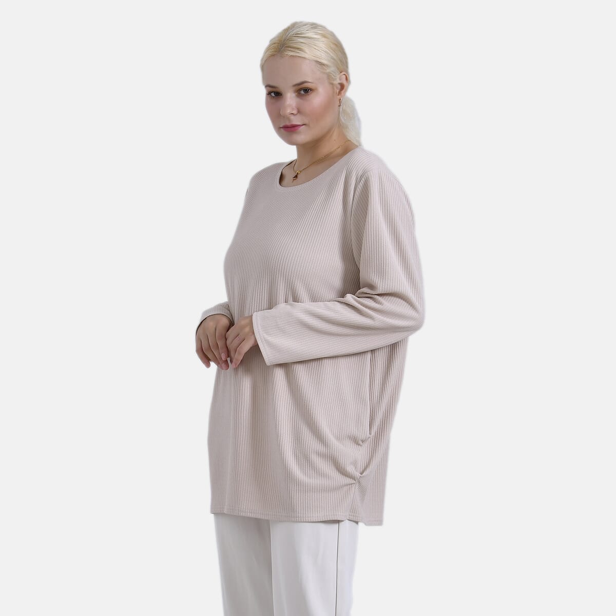 Beige Round Neck Long Sleeve Top - One Size Fits Most image number 0