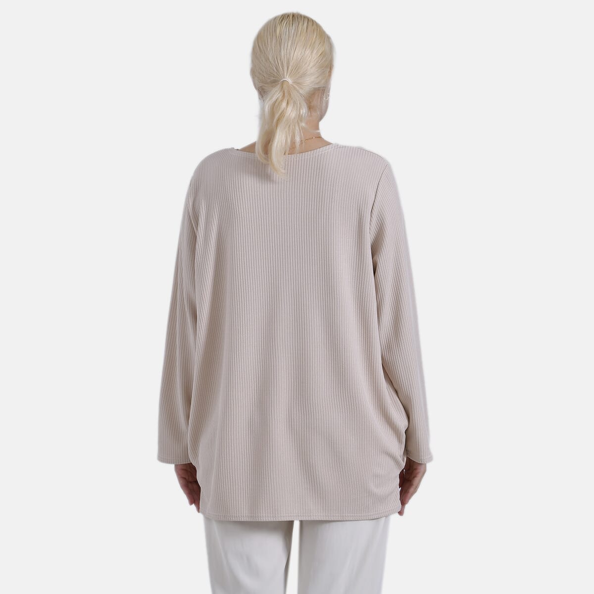 Beige Round Neck Long Sleeve Top - One Size Fits Most image number 1