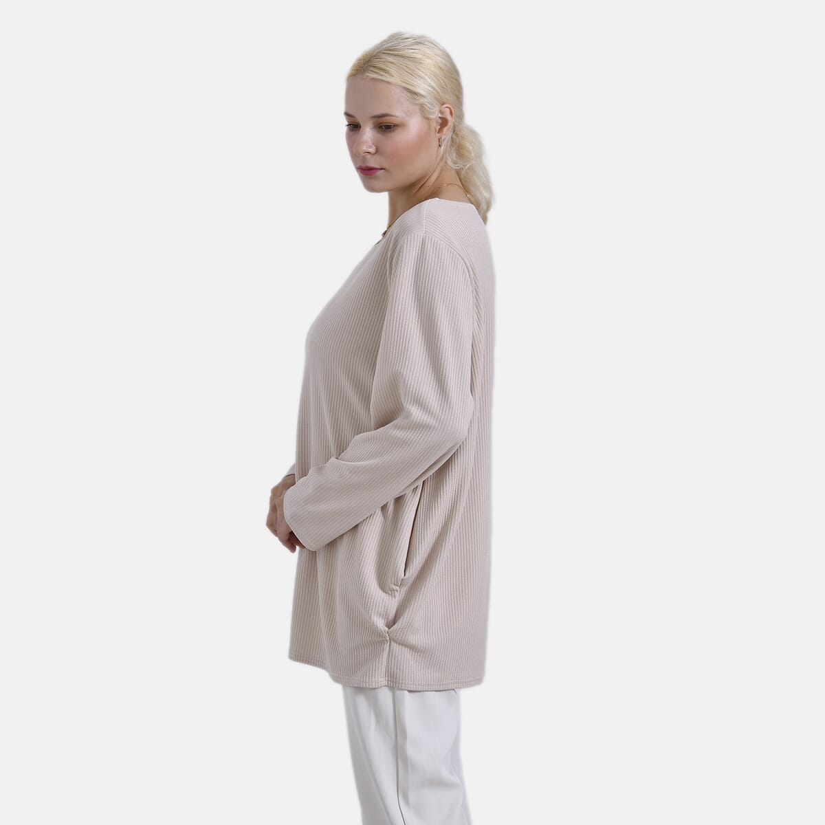 Beige Round Neck Long Sleeve Top - One Size Fits Most image number 2