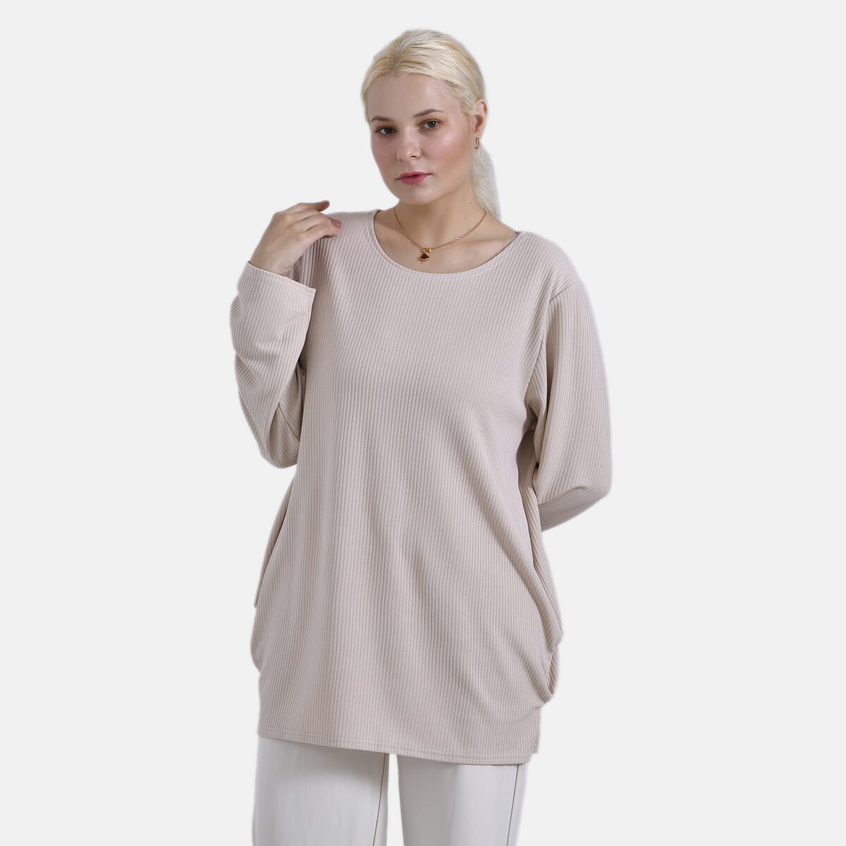 Beige Round Neck Long Sleeve Top - One Size Fits Most image number 3