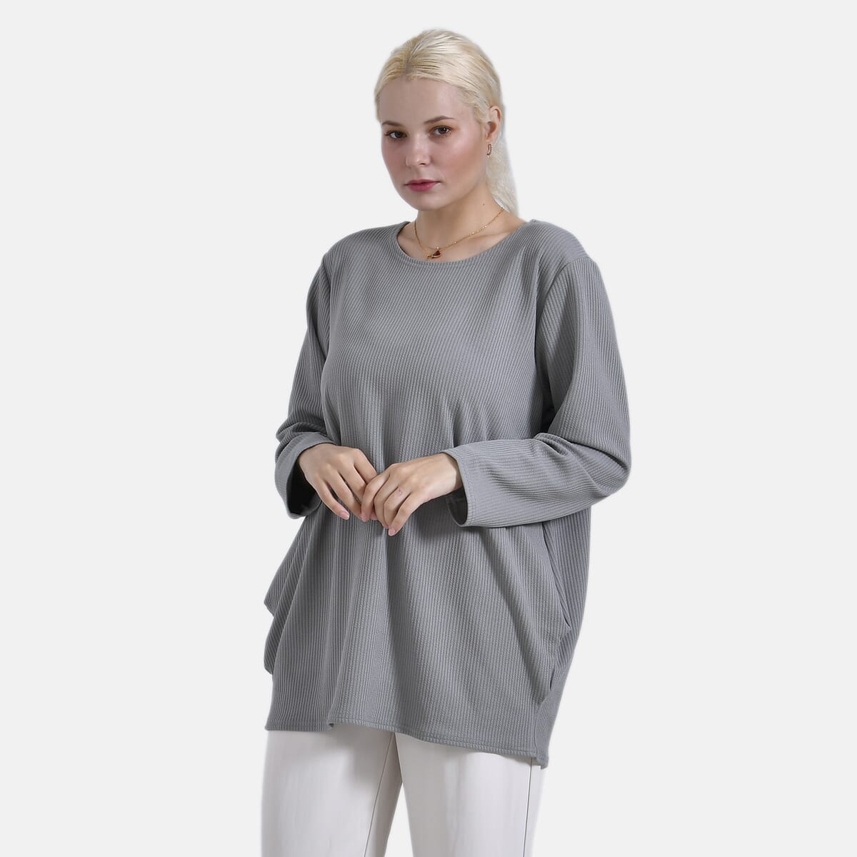 Gray Round Neck Long Sleeve Top - One Size Fits Most image number 0