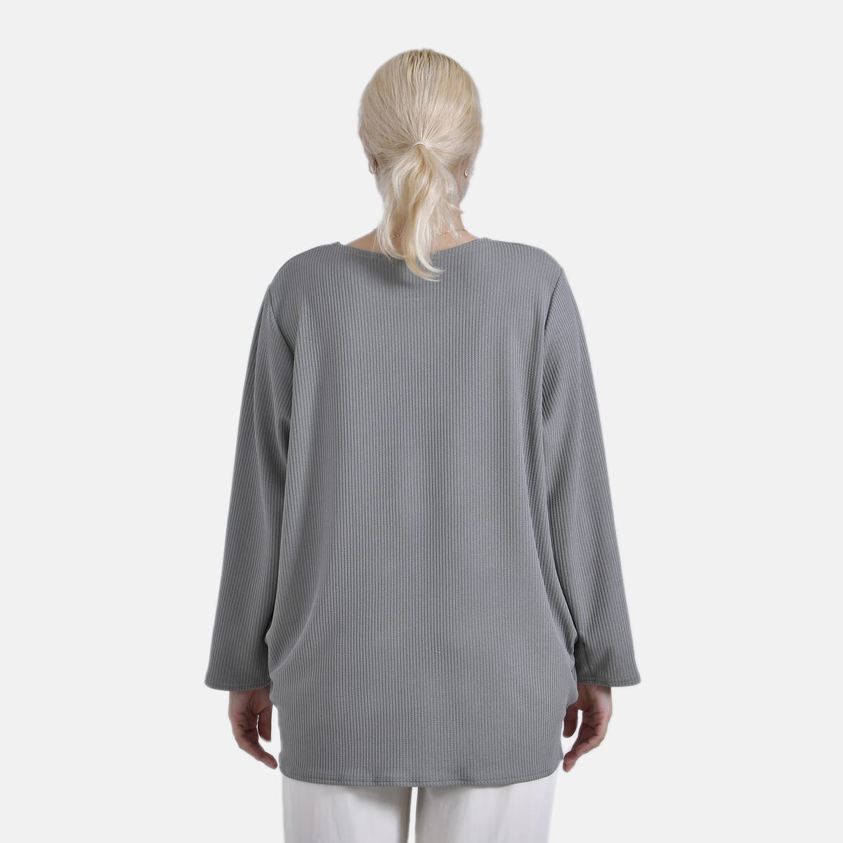 Gray Round Neck Long Sleeve Top - One Size Fits Most image number 1