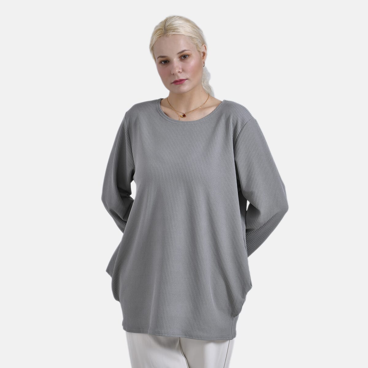 Gray Round Neck Long Sleeve Top - One Size Fits Most image number 2