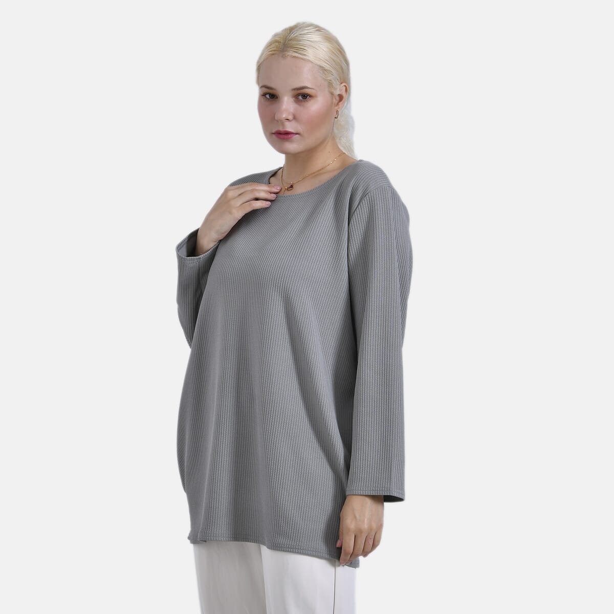 Gray Round Neck Long Sleeve Top - One Size Fits Most image number 3