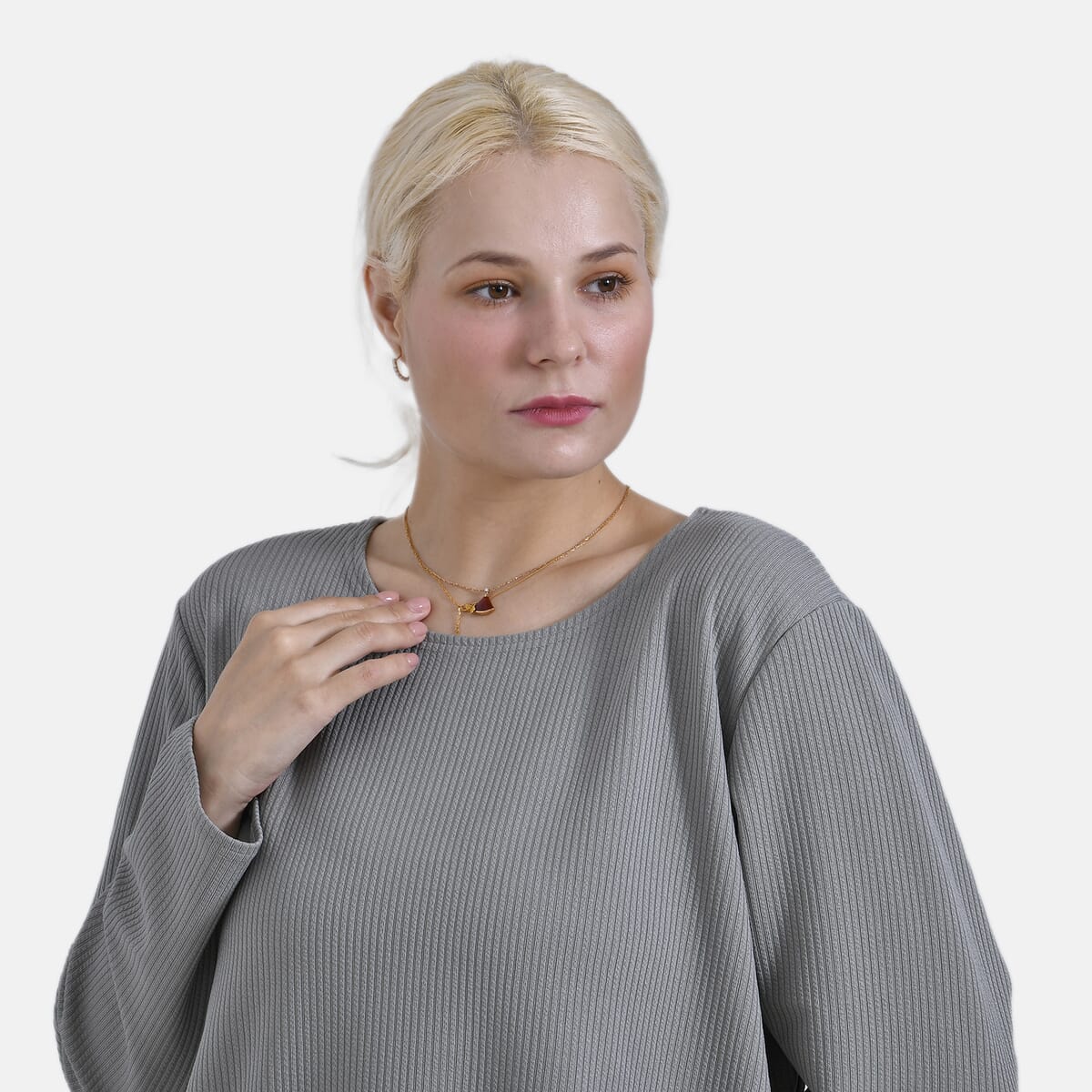 Gray Round Neck Long Sleeve Top - One Size Fits Most image number 4