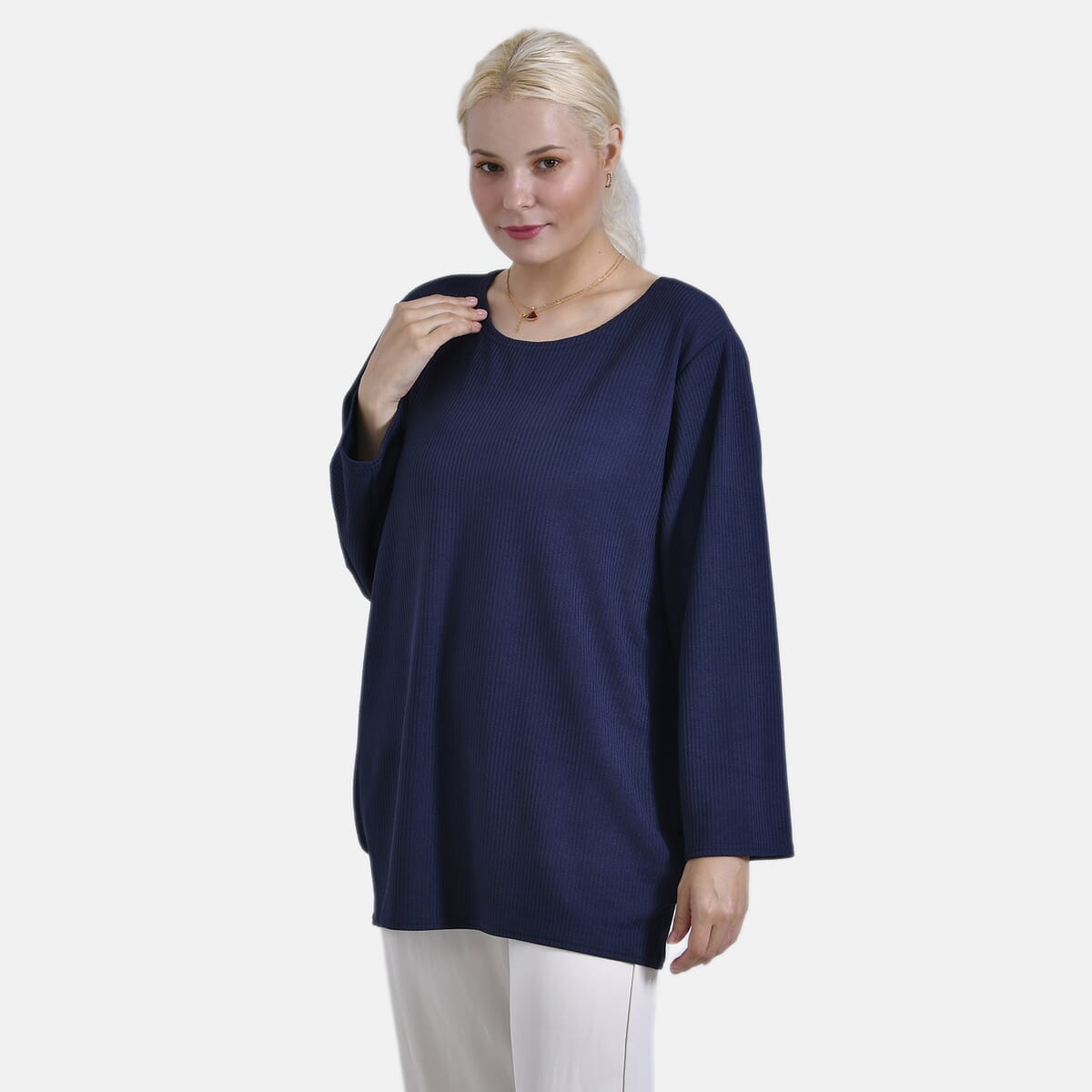 Navy Round Neck Long Sleeve Top - One Size Fits Most image number 3