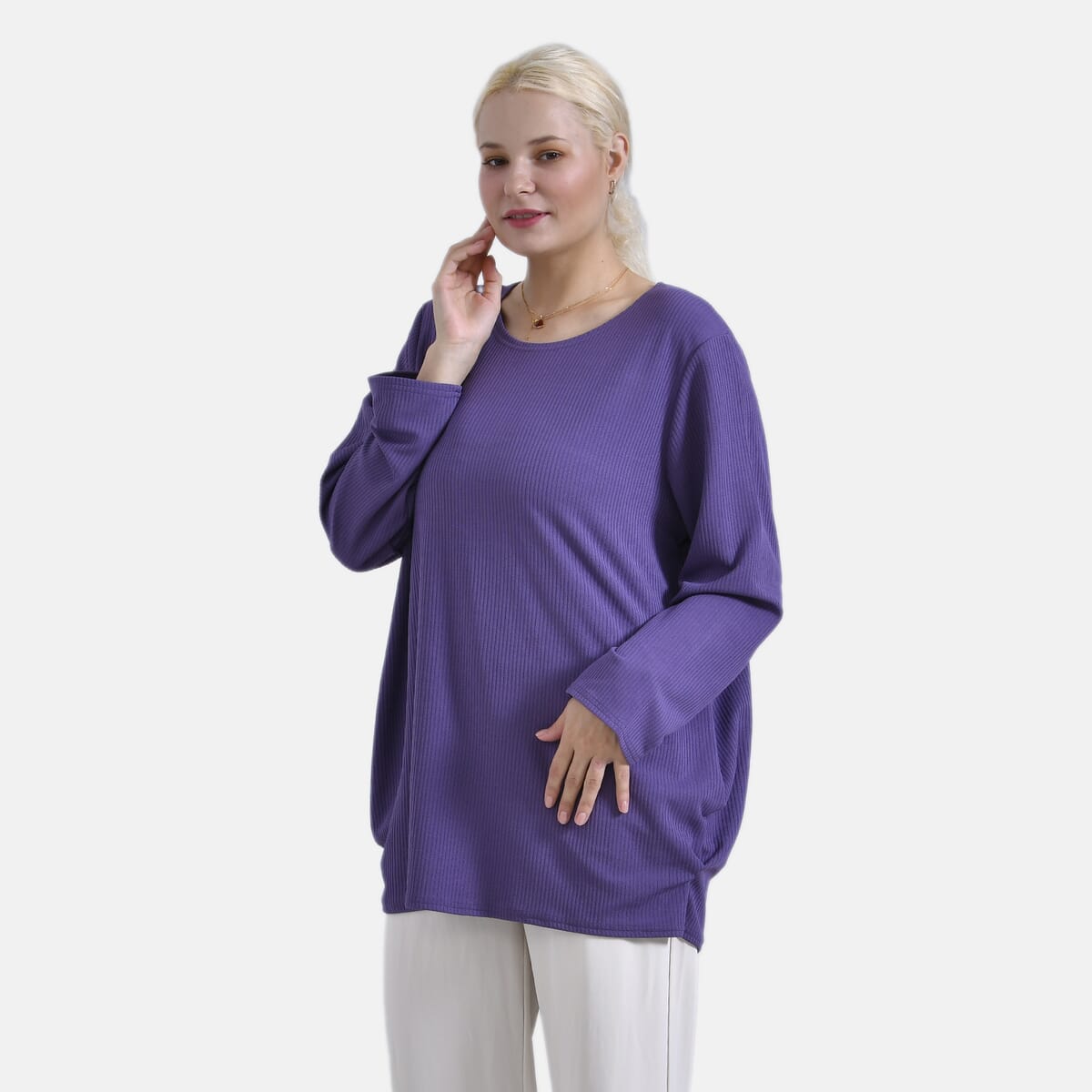 Purple Round Neck Long Sleeve Top - One Size Fits Most image number 0