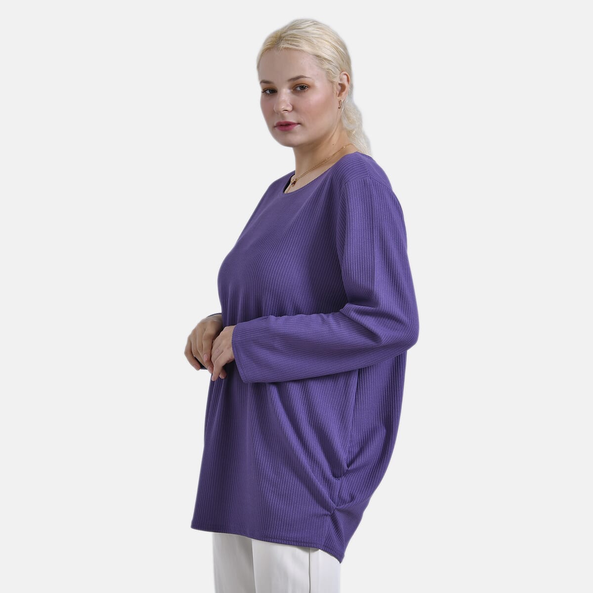 Purple Round Neck Long Sleeve Top - One Size Fits Most image number 2