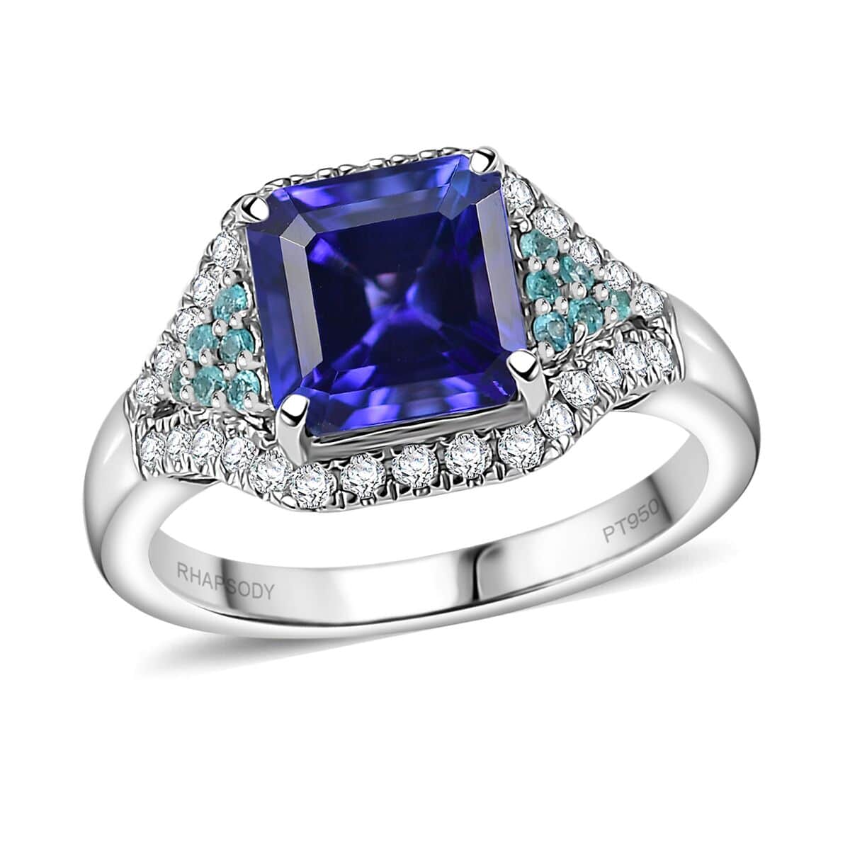 Certified & Appraised Rhapsody Asscher Cut AAAA Tanzanite, Paraiba Tourmaline and E-F VS2 Diamond 3.37 ctw Ring in 950 Platinum (Size 10.0) 6.45 Grams image number 0